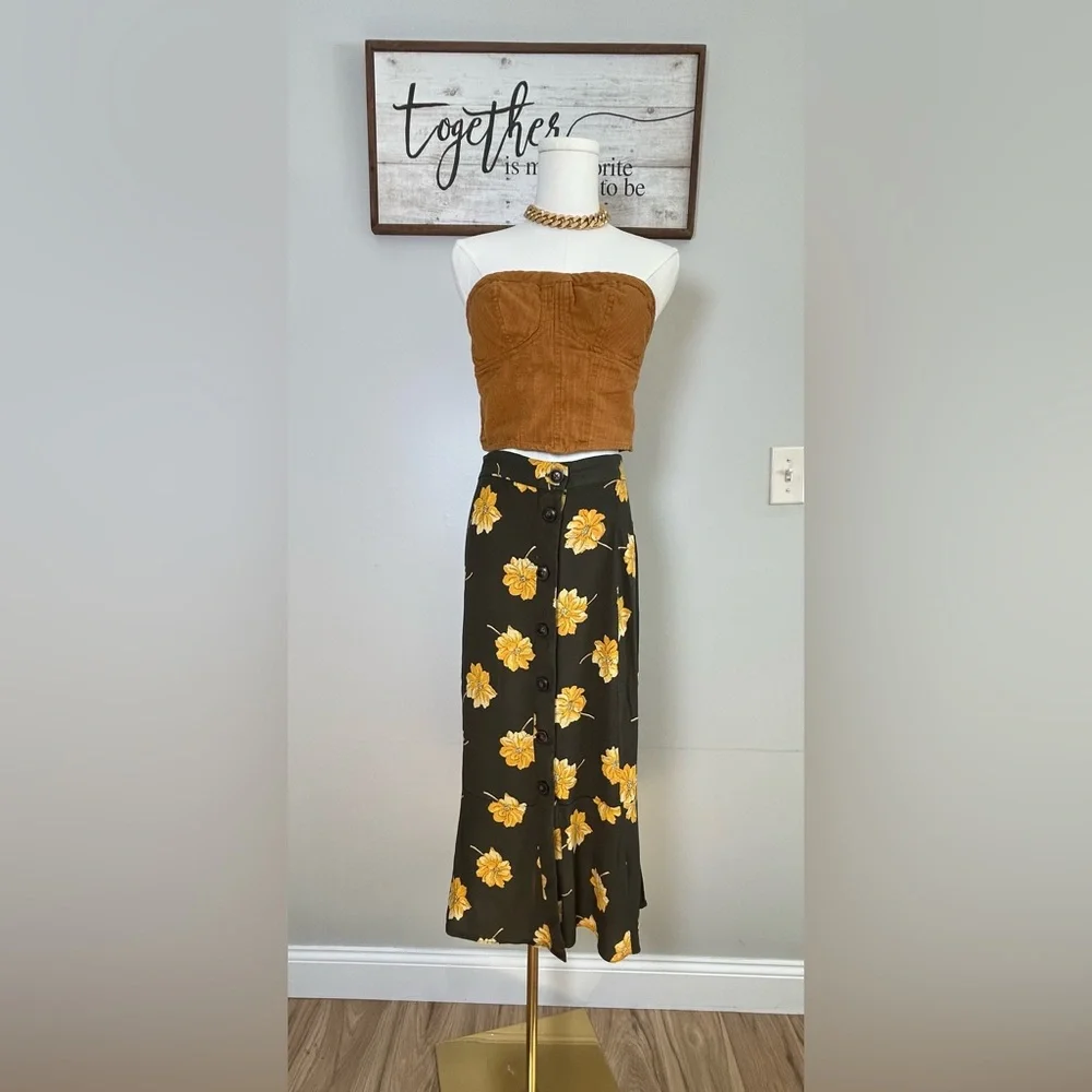 Free People Smocked Bandeau Tube Top Boho Mustard Linen Blend Strapless  S